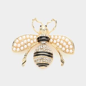 Gold Black Cream Pearl Stripe Honey Bee Brooch Pin Fashion Accessory